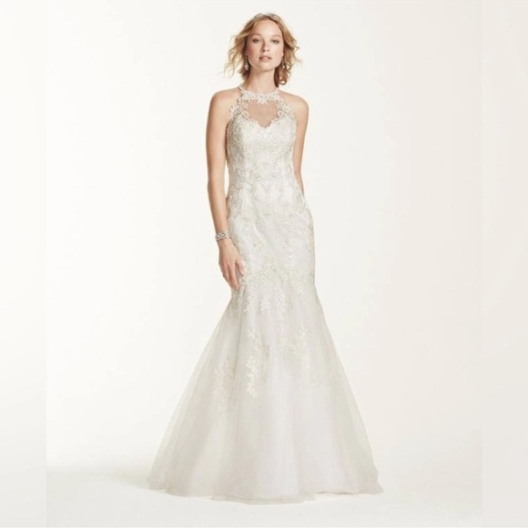 NWT David's Bridal JEWEL Illusion Halter Lace Wedding Dress in Soft White Sz. 10 - Picture 9 of 15